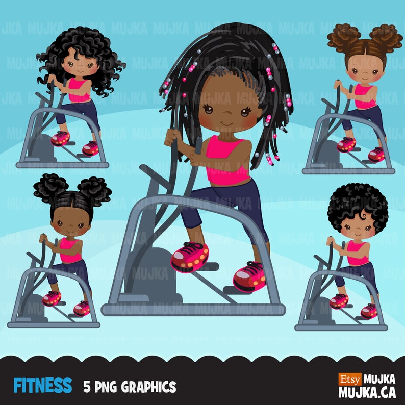 May include: Five digital illustrations of Black girls working out on an elliptical machine. The girls have different hairstyles and are wearing pink shirts and blue pants. The elliptical machine is gray and has a black base.