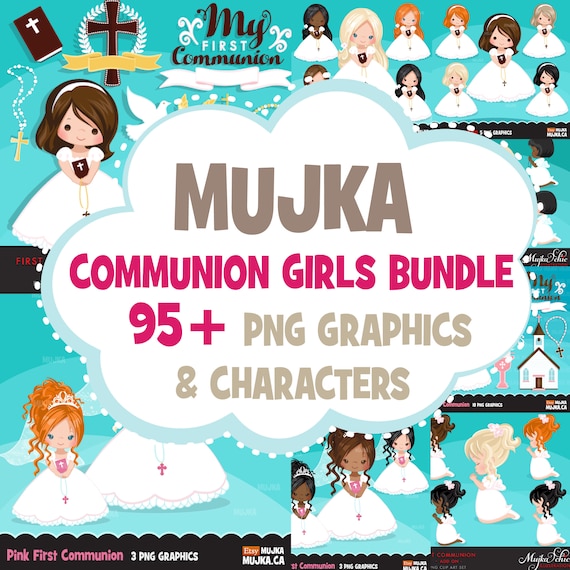Girls First Communion Clipart Bundle, Holy First communion for girls religious clip art Sublimation Designs graphics Il_570xn