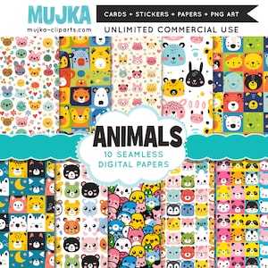 Carte per animali carini, sfondo senza cuciture per animali da bambino Kawaii, modello stampabile di sfondo per bambini, sfondo digitale per bambini, carta per album