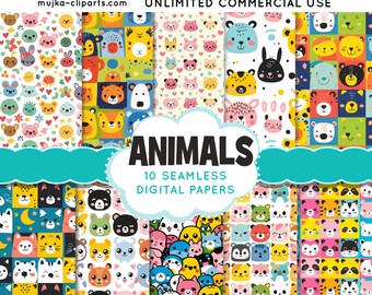 Cute Animals papers, Kawaii baby animal seamless background, nursery background printable pattern, baby digital background, scrapbook paper