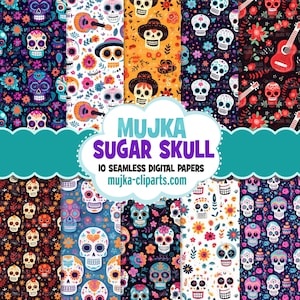 Sugar Skull Digital Papiere, süße Halloween Muster, druckbare Muster, digitaler Hintergrund, süßer Tag der Toten Schädel
