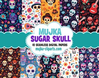 Sugar Skull Digital papers, Cute seamless Halloween patterns, printable pattern, digital background, cute day of the dead skulls backdrop