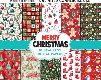 Christmas digital papers, Red and Green Christmas backgrounds, Santa digital papers, Seamless surface patterns, Christmas Scrapbook Papers