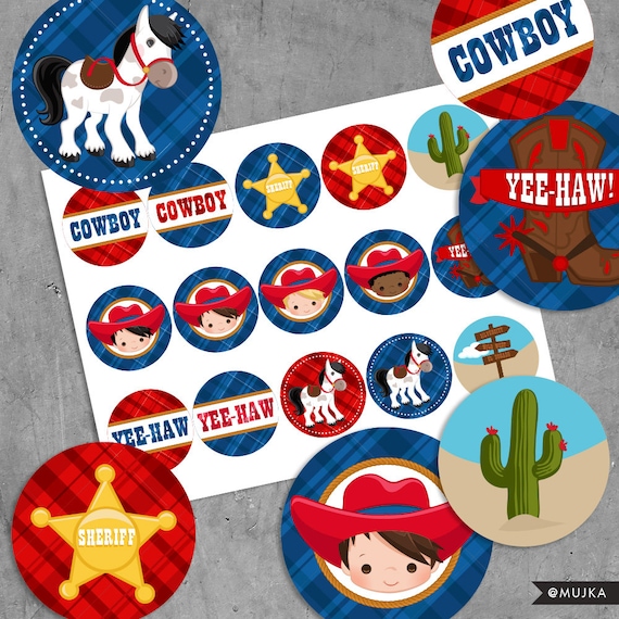 Printable Cowboy Birthday Stickers, Red & Blue Wild West Cowboys ...