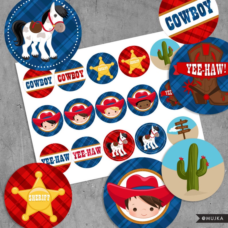 Printable Cowboy Birthday Stickers, Red & Blue Wild West Cowboys cupcake toppers, sheriff, cactus image 1