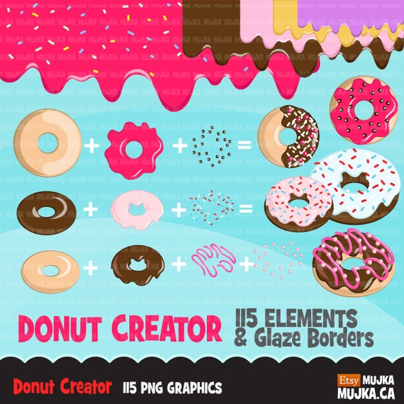 Donut Creator Clipart. Glazed dripping borders , colorful bakery graphics, toppings, sprinkles, chips, commercial use clip art Il_570xn