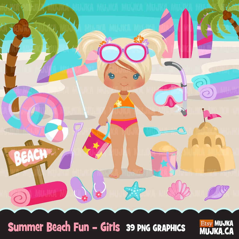 Peut inclure: Un ensemble de 39 illustrations num&eacute;riques repr&eacute;sentant une fille en maillot de bain rose et lunettes de soleil, tenant un seau et une pelle. L'ensemble comprend &eacute;galement des articles sur le th&egrave;me de la plage comme un parasol, une serviette de plage, un ch&acirc;teau de sable, des coquillages et une &eacute;toile de mer.