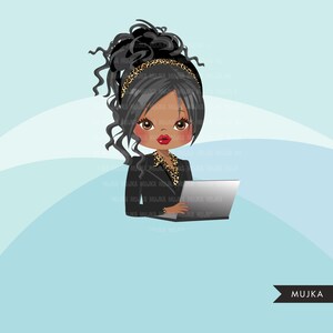 May include: A digital illustration of a woman with black curly hair wearing a black blazer, a leopard print blouse, and a leopard print headband. She is sitting at a desk and using a laptop computer.