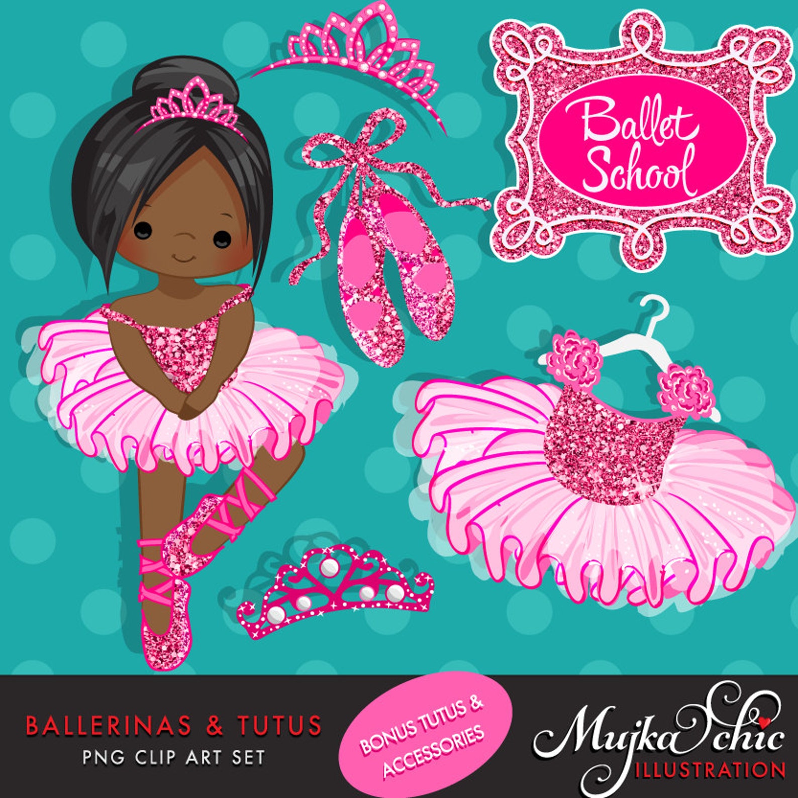 ballerinas and tutus hot pink glitter clipart, ballerina, hot pink tutu, hot pink tiara, ballet shoes, ballet dress, african ame