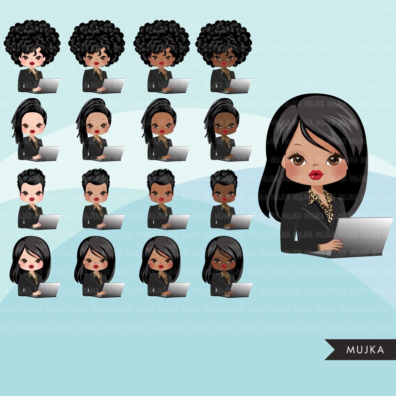 May include: Set of 20 digital illustrations of a woman with black hair wearing a black blazer and leopard print shirt, sitting at a laptop computer. The woman has different hairstyles and expressions.