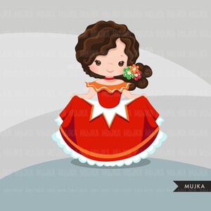 Puede incluir: Una ilustraci&oacute;n de dibujos animados de una ni&ntilde;a con un vestido rojo con ribetes blancos y naranjas. Tiene el pelo casta&ntilde;o y una flor en el pelo. El vestido tiene una estrella blanca en la parte delantera y un volante blanco alrededor del dobladillo.
