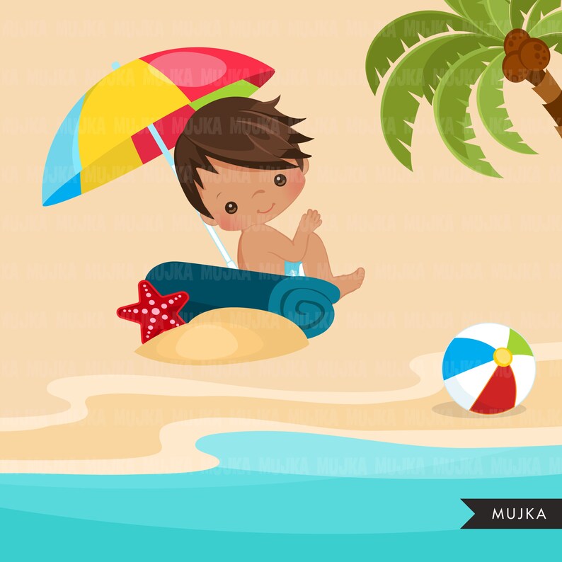Beach Fun Clipart for Boys, Summer Cliparts. Beach, swimming boy, snorkel, surf board, sand bucket, beach ball, vacation palm tree clip art image 5