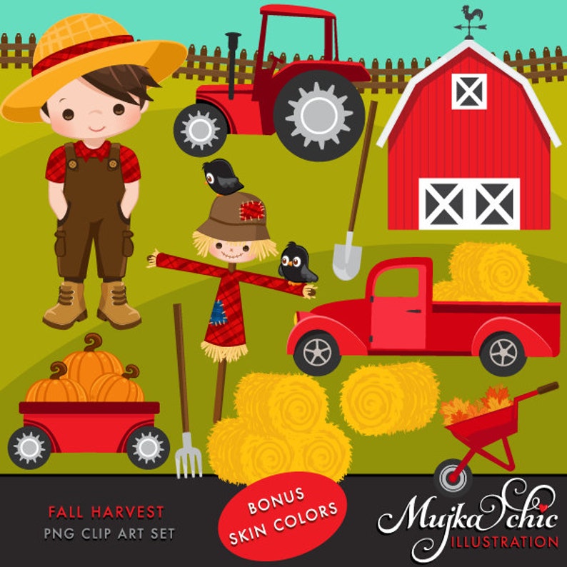 Farm clipart Fall Harvest. Cute farmer characters, tractor, red barn, haystacks, pick up truck, pumpkins, fall leaves and scarecrow graphics image 1