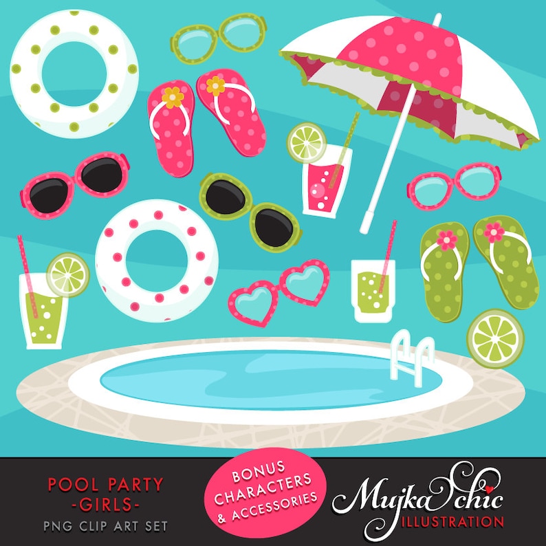 May include: A pool party clip art set featuring a swimming pool, inflatable rings, sunglasses, flip flops, drinks, and an umbrella. The set is in a bright, colourful style with pink, green, and white polka dots.