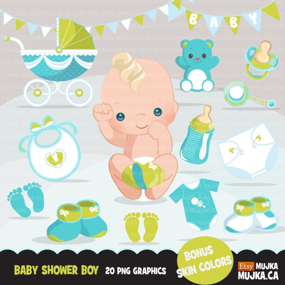 Baby Shower Clipart. Baby boy blue bib, diaper, baby shoes cute birthday elements. Carriage stroller blue onesie. Foot print graphic design Il_570xn