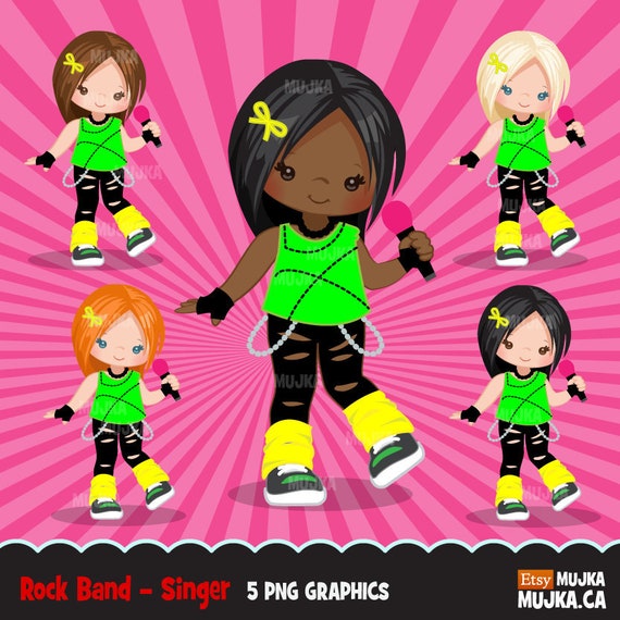 Rockstar Girls Clipart, Singers, black, card making, , rock band birthday party, pop music, Singing graphics Il_570xn