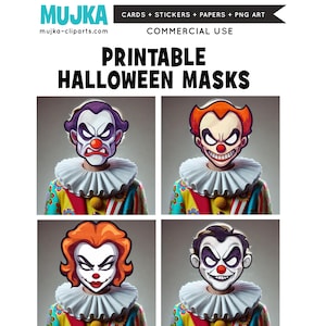 Máscara de Halloween, Máscara facial para impressão, Máscara de palhaço assustador, Atividade de Halloween, Jogos para download digital, Artesanato de papel fofo, PNG para impressão digital