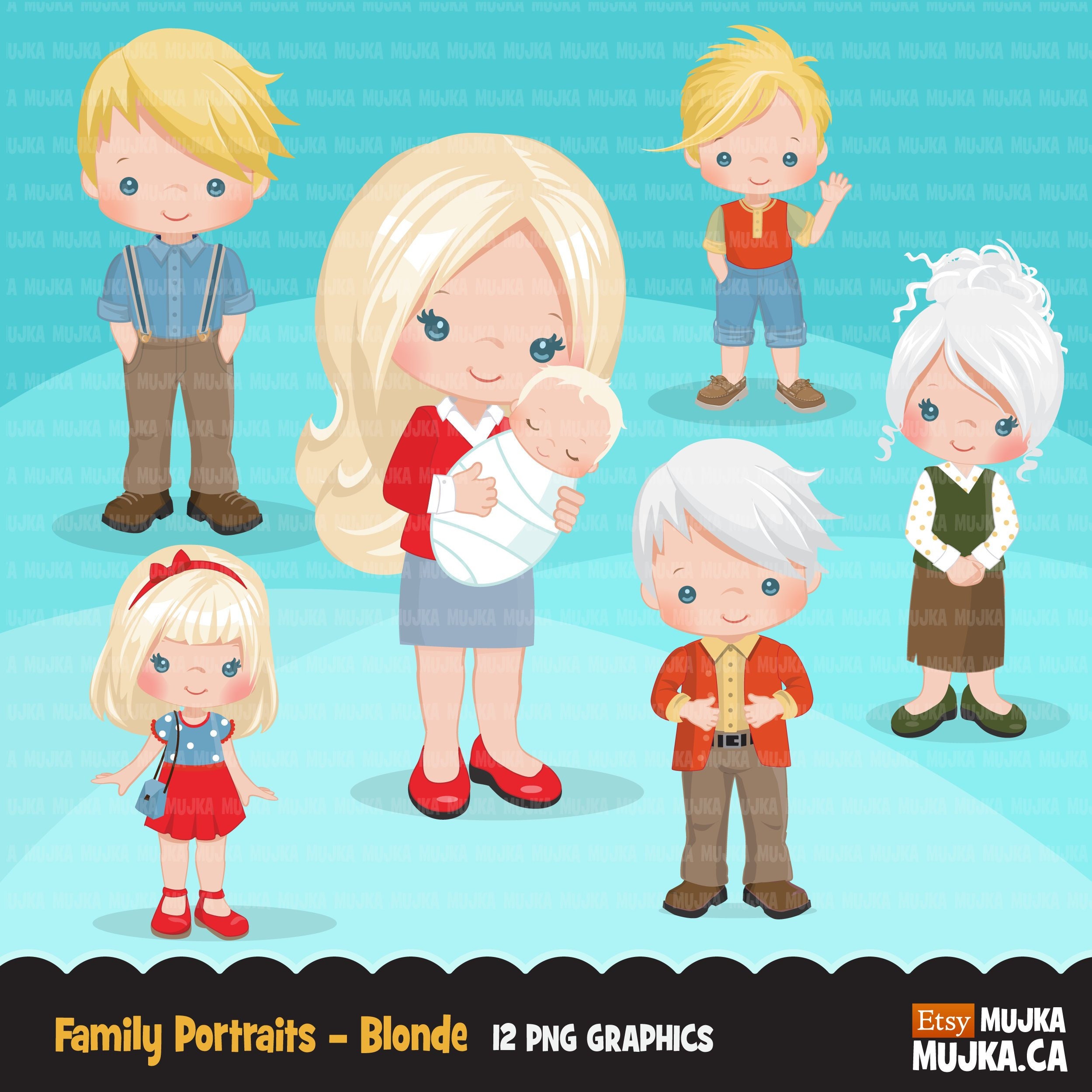 Family portraits clipart. Christmas portraits, mom, dad, grandparents, baby and kids collection blonde family graphics, Sublimation Designs