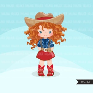 May include: A cartoon illustration of a girl wearing a red and blue plaid shirt, red skirt, brown cowboy hat, and red cowboy boots. The girl has curly red hair and blue eyes.