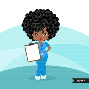 Afro woman nurse clipart with scrubs and patient chart African-American graphics, print and cut PNG T-Shirt Designs, Black Girls clip art image 3