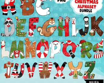 Christmas Alphabet PNG Clipart Bundle, Cute Christmas numbers letters, sublimation graphics, Santa Sublimation Font, Xmas Alpha Bundle