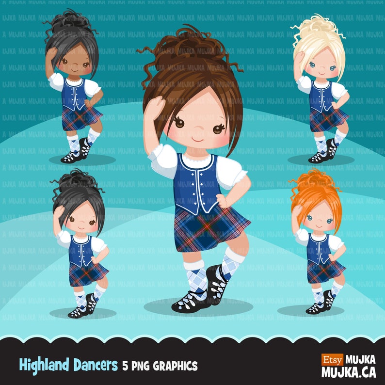 Highland dancers clipart. Cute Scottish dancers with kiltie, blue dancing outfit, school activity, Scottish girl, Scotland tradition graphic image 1