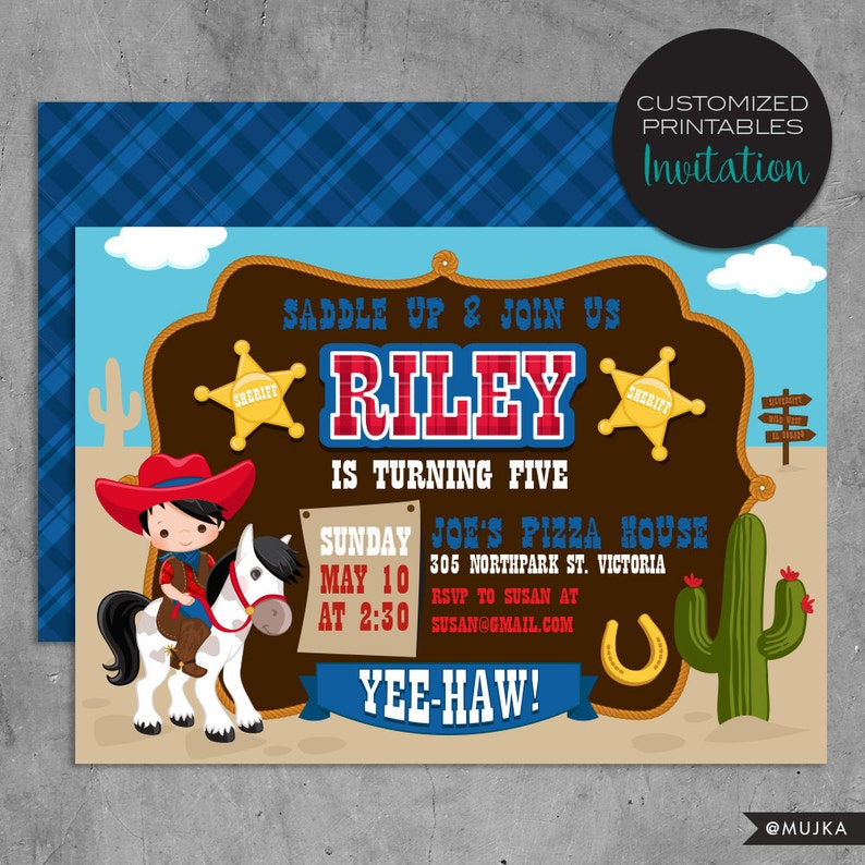 Printable Cowboy Birthday Stickers, Red & Blue Wild West Cowboys cupcake toppers, sheriff, cactus image 3