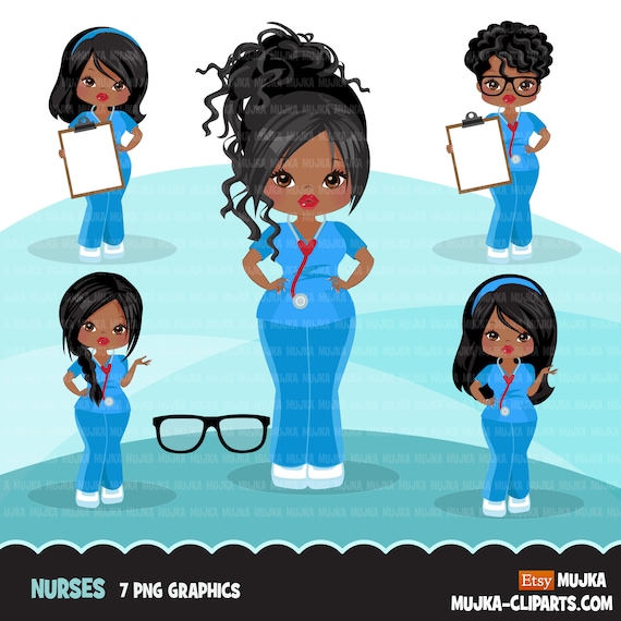 Black nurse clipart with scrubs African-American graphics | Etsy