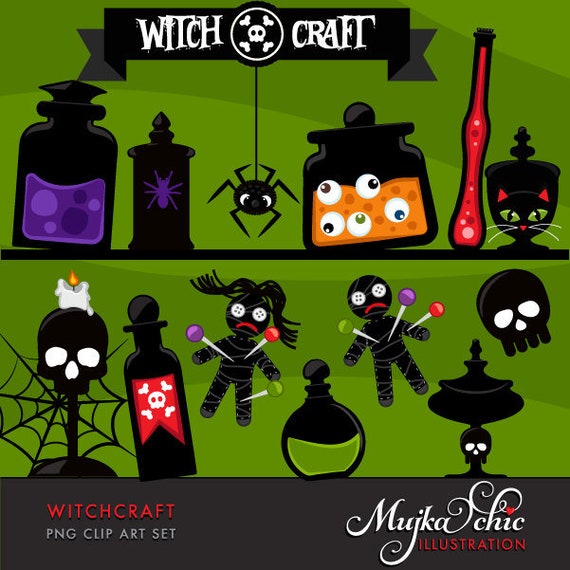 Halloween Witchcraft Clipart with elixir potion jars, witchcraft banner, spiderweb, woodoo dolls, skulls and potion graphics. Il_570xn
