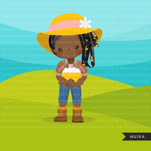 Afro black Farmer Girls clipart, farmer characters with basket of eggs, farmer hat, country graphics, country girl with hat image 3