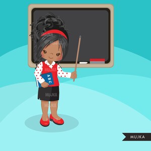 May include: Illustration of a teacher with dark hair, wearing a red headband, red vest over a white polka dot shirt, and a black skirt. She holds a pointer and a blue book labelled "ABC" in front of a chalkboard.