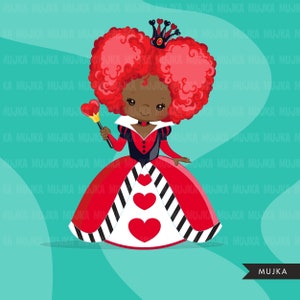 May include: A cartoon illustration of a Black Queen of Hearts wearing a red and black striped dress with three red hearts. She has a red heart-shaped crown and red curly hair. She is holding a red heart-shaped wand.
