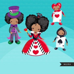 May include: A set of four illustrations featuring characters from Alice in Wonderland. The characters are a Queen of Hearts, a Mad Hatter, a Jack of Hearts, and a Jack of Spades. The characters are all dressed in their iconic costumes and have black hair and brown skin.
