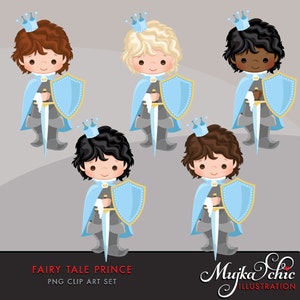 Fairy Tale Prince Clipart. Fairy Tale characters, dragon, crown, sword, prince castle, knights, armor, shield horse graphics. Blue gray image 2