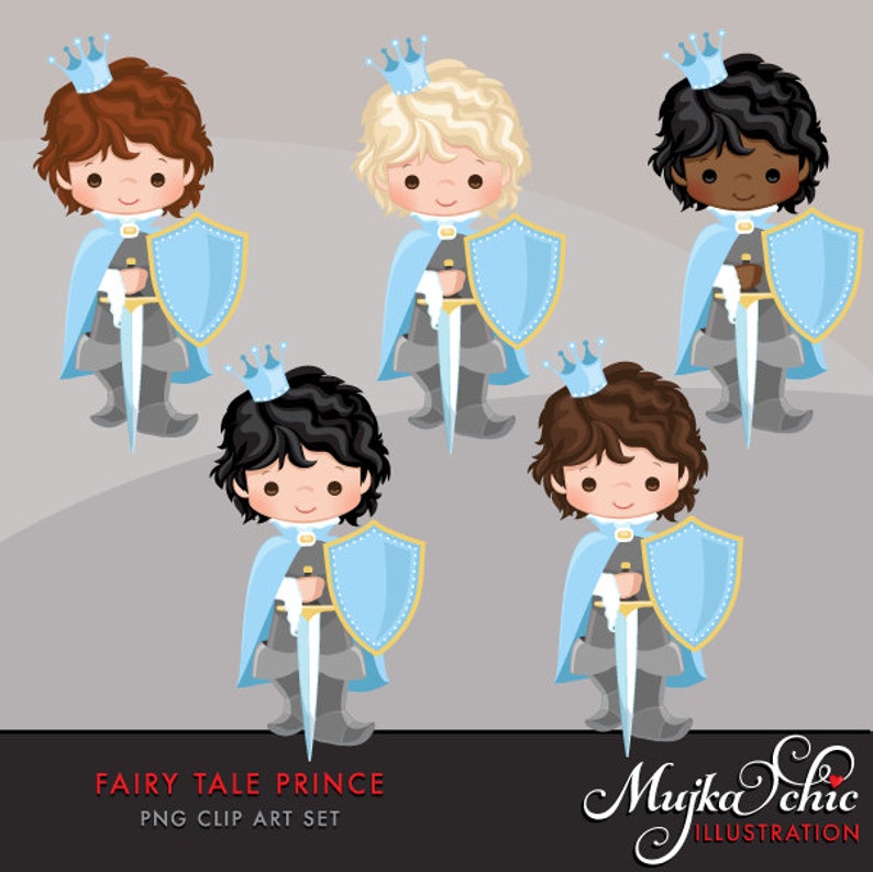Fairy Tale Prince Clipart. Fairy Tale characters, dragon, crown, sword, prince castle, knights, armor, shield horse graphics. Blue gray image 2
