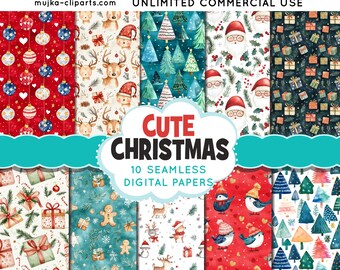 Christmas digital papers, Cute Christmas backgrounds, Santa digital papers, Seamless surface patterns, Whimsical Christmas Scrapbook Papers