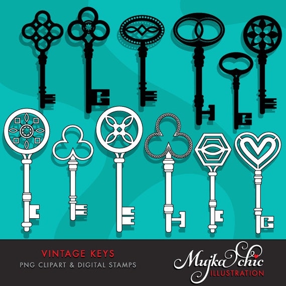 Vintage Antique Keys Clipart & Digital Stamps. Key silhouettes cliparts also outlined key graphics for digital stamping. Il_570xn