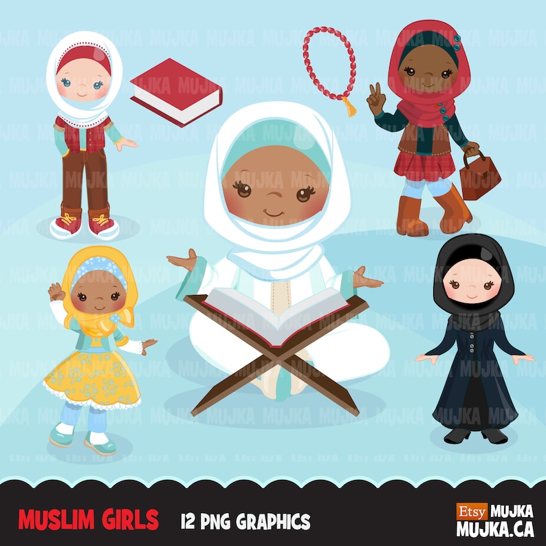 Muslim girls clipart, Islam graphics, Quran reading kids with Hijab and Misbaha, Tasbih clip art image 1