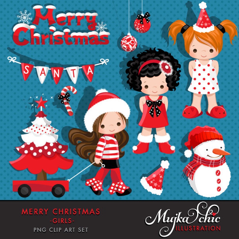 May include: A digital clip art set featuring a red and white Christmas tree, a snowman, a candy cane, a red and white banner that says "SANTA", and three girls wearing red and white Christmas outfits. The text "Merry Christmas" is at the top of the image.