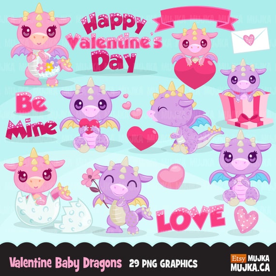 Valentine's Day Baby Dragon clipart. Cute dragon graphics, dragon birthday, mystical animals, cookie design, cutting, scrapbook, commercial Il_570xn