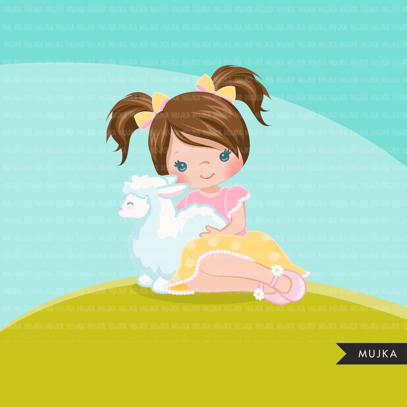 Easter girl with lamb Clipart. Cute spring illustration, little girl Easter animals egg hunt characters, commercial use, scavenger hunt, image 2