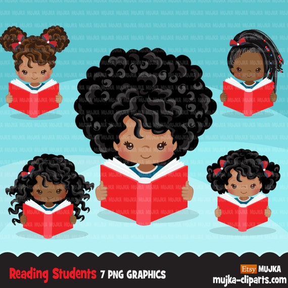 Reading clipart, back to school Afro black student girl graphics, planner sticker, bookworm, reading peek a boo clip art Il_570xn