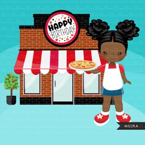 K&ouml;nnte beinhalten: Eine Cartoon-Illustration eines Pizzal&auml;dens mit einem rot-wei&szlig; gestreiften Vordach. Ein junges M&auml;dchen mit dunkler Haut und braunen Haaren h&auml;lt eine Pizza vor dem Laden. Das Schild &uuml;ber der T&uuml;r lautet "Happy Birthday".