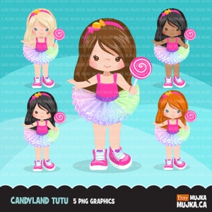 May include: Five digital illustrations of girls wearing pink tutus and holding colorful lollipops. The girls have different hair colors and skin tones. The background is a light blue.