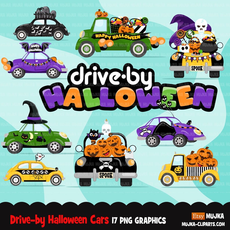 Clipart Halloween en voiture, fête en voiture, clipart défilé, fête de quarantaine, voitures halloween png, camion halloween png, graphismes de voiture image 1