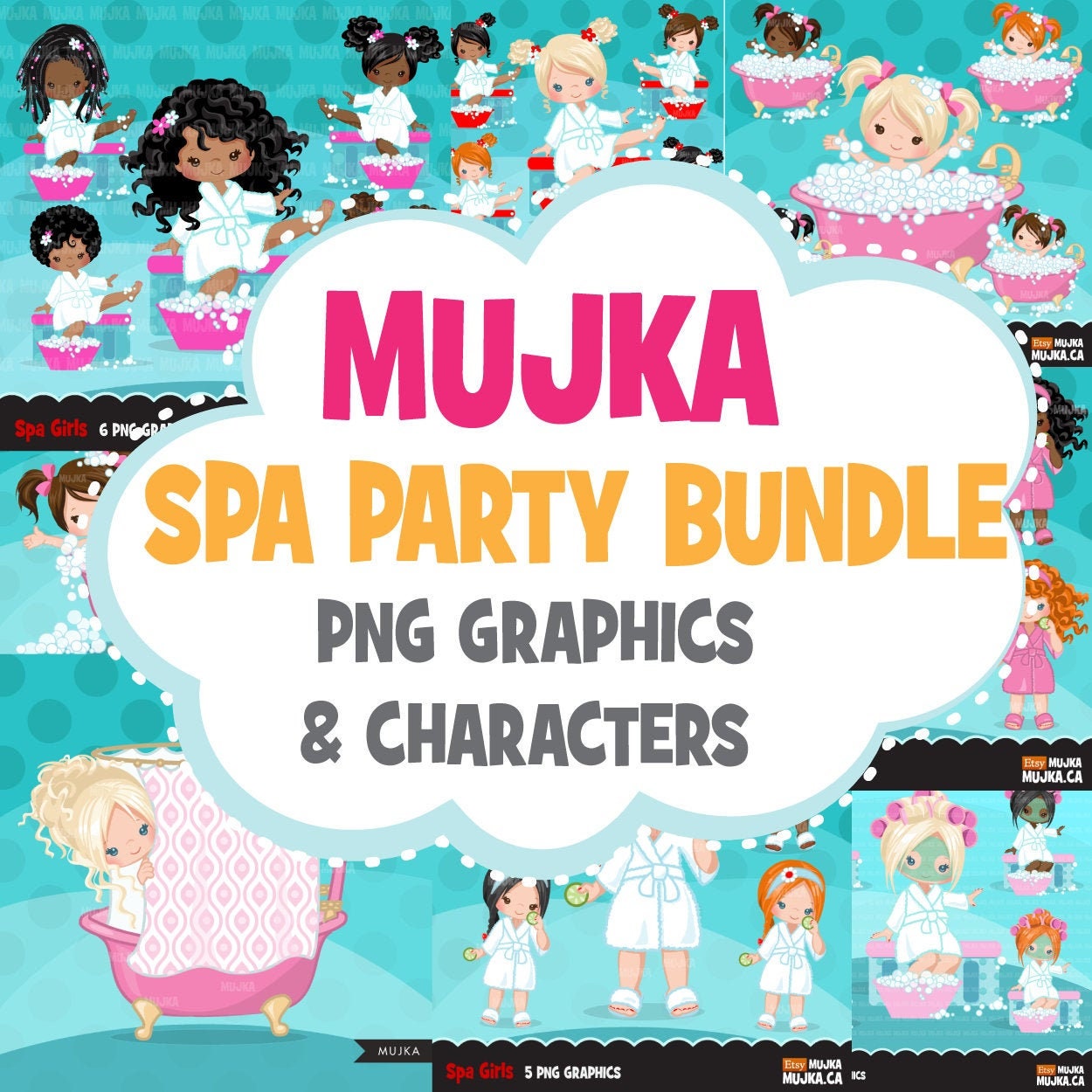 Spa Clipart Bundle, spa Sublimation Designs digital download, Spa birthday Party Graphics for girls, spa black girls png, spa coloring pages