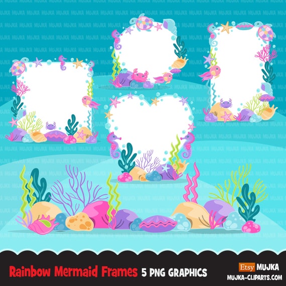 Mermaid frames clipart, underwater marine frame, pastel rainbow graphics, birthday party, clip art Il_570xn