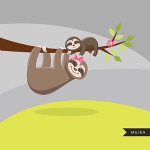 Sloth Clipart. Cute Baby &amp; Mom Sloth Graphics, Mother's Day Clipart, Party Printables, Digitized ...