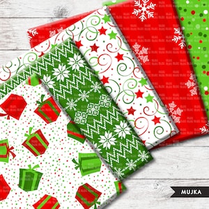 以下が含まれることがあります： 赤と緑の色のクリスマスラッピングペーパーのデザインが5つあります。デザインには、雪片、星、渦巻き、プレゼント、水玉模様が含まれています。