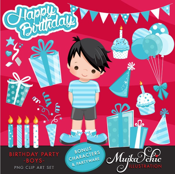 Boys Birthday Party Clipart with Cute characters birthday | Etsy